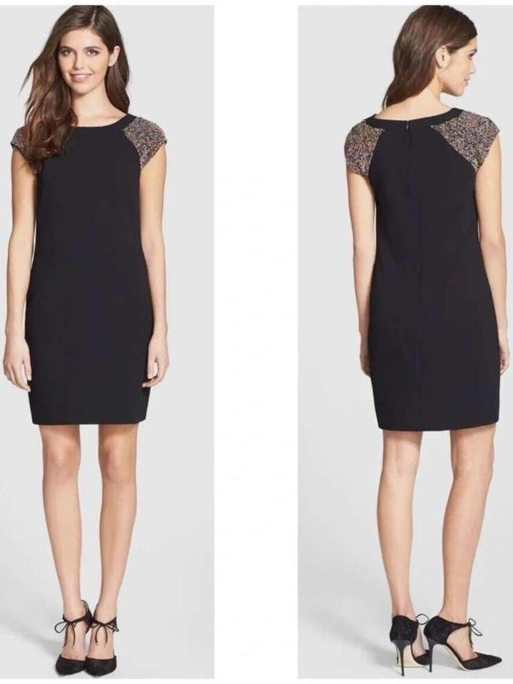 Trina Turk Black Sheath Dress with Multicolor Tweed Shoulders